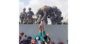 Ein Mann reicht an der Mauer zum Flughafen ein kleines Baby in die Luft. Ein Soldat beugt sich über Stacheldraht, nimmt das Baby an der Hand und zieht es nach oben. Das Baby schreit.