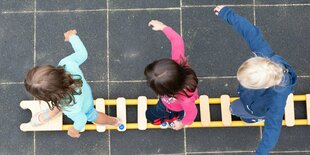 3 Kinder auf balancieren auf einer Leiter