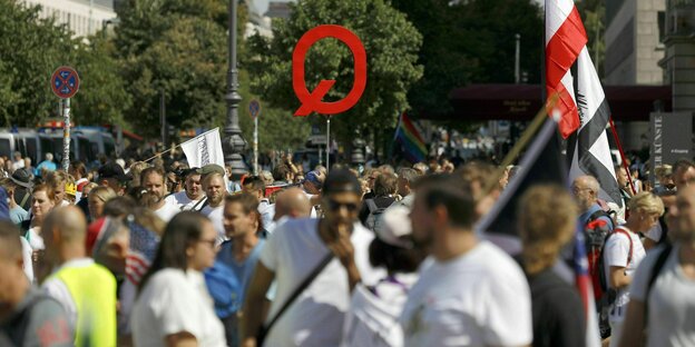 Mehrere Menschen auf einer Demonstration. Im Hintergrund eine Reichsflagge und ein großes "Q"-Schild, das für die rechte verschwörungsideologische QAnon-Bewegung steht.