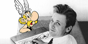 Schwarz-weiß-Foto des Comiczeichners Albert Uderzo und Asterix