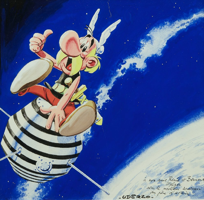 Comiczeichnung von Asterix, wie er auf dem gleichnamigen ersten französischen Satelliten reitet