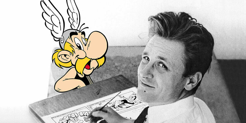 Schwarz-weiß-Foto des Comiczeichners Albert Uderzo und Asterix