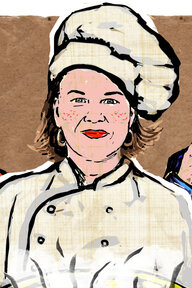 Illustration von Annalena Baerbock in Kochkleidung mit Kochmütze