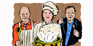 Illustration von Olaf Scholz mit Kochschürze, Annalena Baerbock in Kochkleidung mit Mütze und Armin Laschet mit Messer und Gabel