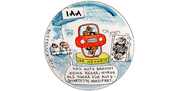 Illustration: Auf der IAA, ein ausgestelltes Auto, dass nicht fahren, sondern als Joker für ein Kartenspiel dienen soll
