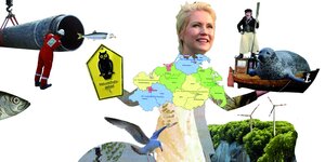 Collage: Manuela Schwesig trägt ein Naturschutz Schild und ein Schiff mit Robbe und Fischer in den Händen