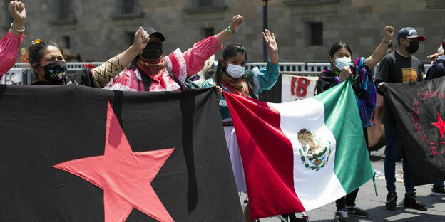 AktivistInnen halten bei einer Demonstration in Mexiko-Stadt gegen Wasserrechte für Konzerne Transparente und Fahnen und strecken die Faust in die Luft