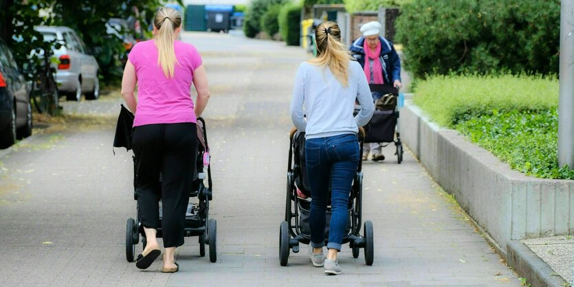 Zwei Frauen schieben im Park Kinderwägen