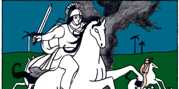 Eine Zeichnung zeigt Alexander den Großen auf einem Pferd.