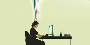 Illustration einer Frau, die am Computer etwas schreibt und deren Gedanken als Lichtstrahlen aus dem Kopf dargestellt werden