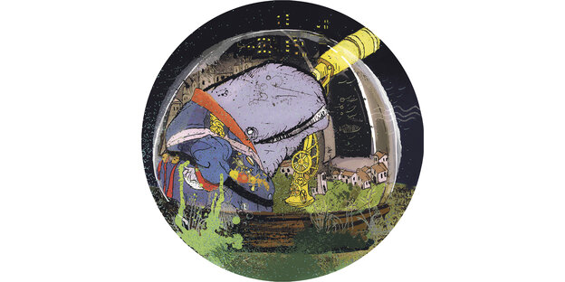 Illustration: Ein Wal, der in einer Glaskugel sitzt und durch ein Teleskop in die dunkle Nacht schaut
