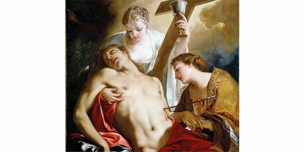 Gemälde auf dem ein nackter Mann von einer Frau im Arm gehalten wird. Aus seinem Oberkörper ragt ein Pfeil.