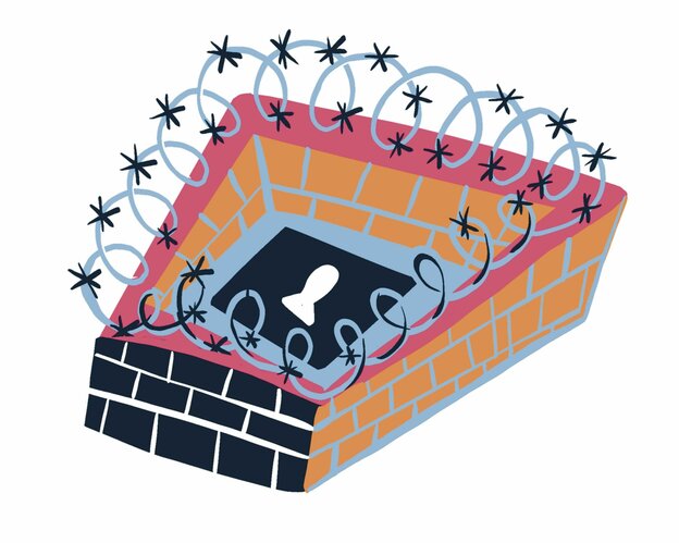 Eine Illustration soll eine Person zeigen, die durch Mauer und Stacheldraht eingeschlossen ist. Eine Illustration soll eine Person zeigen, die durch Mauer und Stacheldraht eingeschlossen ist.