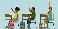 Illustration von drei Schulkindern, die an ihren Pulten sitzen