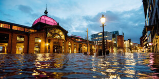 Der Hamburger Fischmarkt mit der Fischauktionshalle steht während einer Sturmflut unter Wasser.