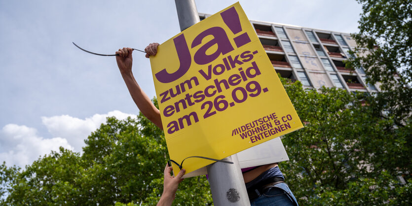 Zwei Aktive hängen Plakte auf, die zum Ja-Ankreuzen ermutigen sollen