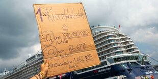 Vor einem Kreuzfahrtschiff hält jemand ein Schild hoch, auf dem steht, wie viel CO2 ein Schiff verbraucht