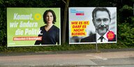 Zwei Wahlplakate im Grünen: Annalena Baerbock und Christian Lindner