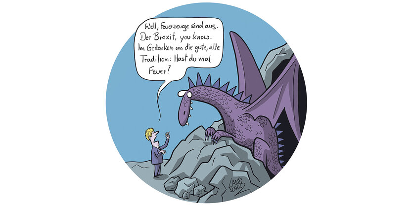 Illustration: Ein Mann fragt einen Drachen: „Well, die Feuerzeuge sind aus. Der Brexit, you know. Im Gedenken an die gute alte Tradition: Hast Du vielleicht mal Feuer?"