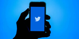 Männerhand hält ein Smartphone mit dme Twittervogel