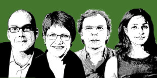 Gezeichnete Portraits von Sabine am Orde, Jasmin Kalarickal, Stefan Reinecke und Ulrich Schulte.