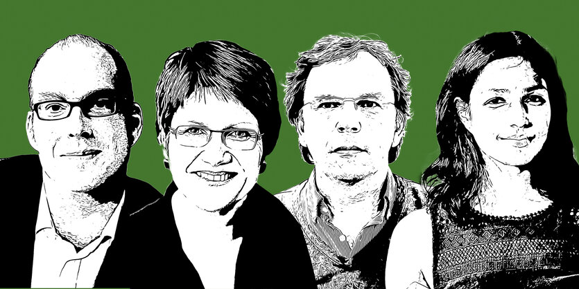 Gezeichnete Portraits von Sabine am Orde, Jasmin Kalarickal, Stefan Reinecke und Ulrich Schulte.