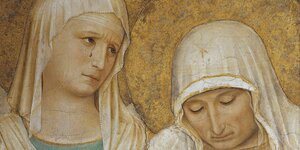 Die Jungfrau Maria und eine andere Jungfrau, ein Ausschnitt aus dem Bild "Kreuzigung mit Heiligen" von Fra Beato Angelico