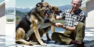 Paul Schäfer sitzt auf einer Stufe und streichelt Schäferhunde.