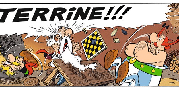 Asterix mit Miraculix, der einen Wutausbruch hat und Obelix