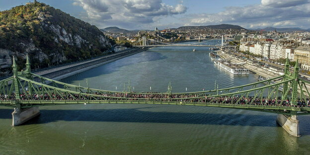 Brücke über die Donau voller Menschen