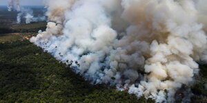 Brennender Regenwald aus der Luft fotografiert.