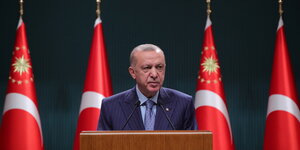 President Erdogan vor türkischen Flaggen.