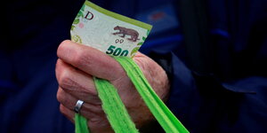 Eine alte Hand hält krampfhaft 500 Pesos fest und einen grell grünen Einkaufsbeutel