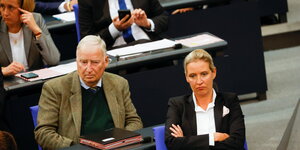 Alexander Gauland und Alice Weidel mit beleidigtem Blick im Bundestag.
