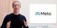 Mark Zuckerberg steht neben dem neuen Logo: Meta mit Unendlichkeitszeichen