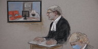 Gerichtszeichnung: per Video zugeschaltet Assange, Richter in schwarzer Robe und Perücke