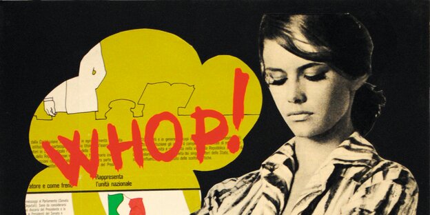 Lucia Marcuccis Collage „Whop!“ zeigt eine junge Frau, die ein Gebilde aus Magazinseiten umarmt.