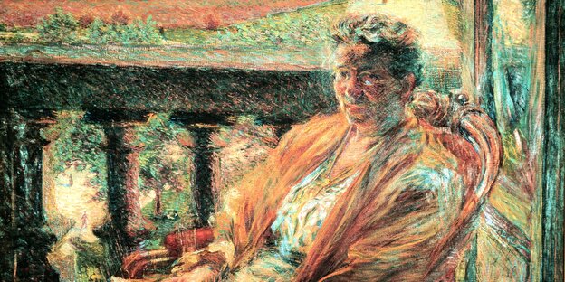 Ein expressionistisches Gemälde einer Frau mit Brille