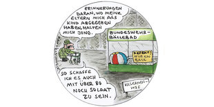 Illustration: Ein Mann in Bundeswehruniform schiebt einen Rollator vor sich her. Er steuert in Richtung eines "Bundeswehr-Bällebads", in dem sich aber nur ein Ball befindet