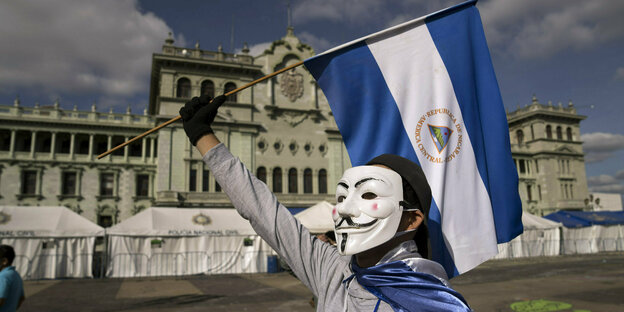 Ein Demonstrant mit einer Flagge und Maske.