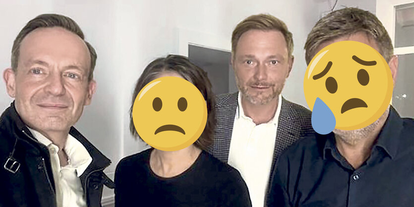 Das berühmt Selfie mit Wissing, Baerbock, Lindner und Habeck, Baerbock und Habeck mit Smiley vor ihrem Gesicht.