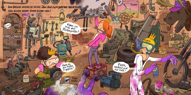 In einem Saal, der teils wie ein Rittersaal, teils wie eine Werkstatt für Fahrräder und Autos aussieht, sind drei junge Frauen bei der Arbeit In einem Saal, der teils wie ein Rittersaal, teils wie eine Werkstatt für Fahrräder und Autos aussieht, sind drei junge Frauen bei der Arbeit