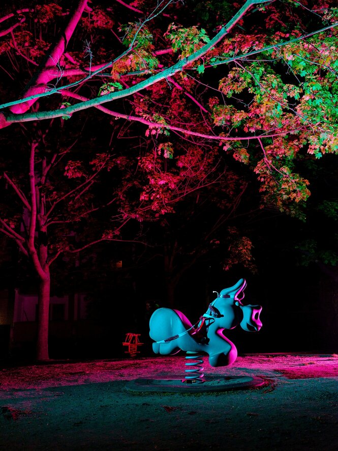 Ein Schaukelpferd auf einem nächtlichen Spielplatz ist bunt angeleuchtet