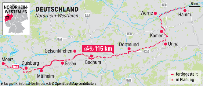 Karte des Radschnellwegs in Nordrhein-Westfalen