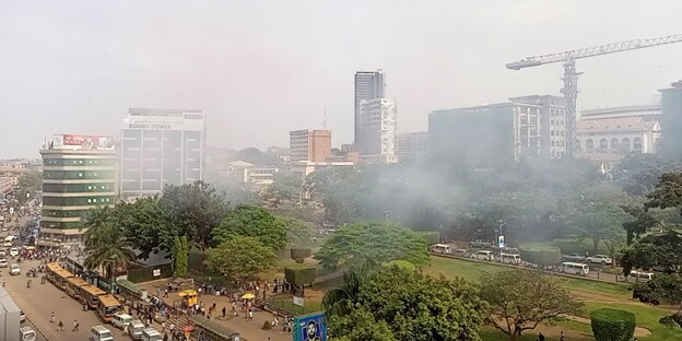 Rauchwolken über einem Park zwischen Hochhäusern