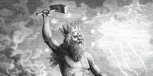 Zeichnung: ein bärtiger Mann mit Krone schwingt einen Hammer vor Blitzen