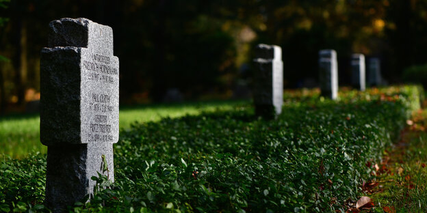 Grabsteine für die Toten des Zweiten Weltkriegs stehen auf einer Kriegsgräberstätte.