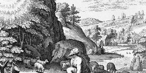 Ein Kupferstich zeigt Moses vor einem brennenden Dornbusch