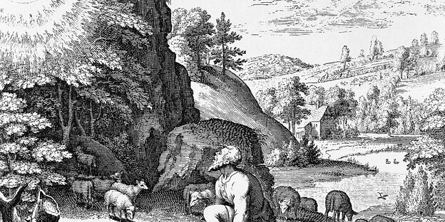 Ein Kupferstich zeigt Moses vor einem brennenden Dornbusch
