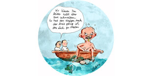 Drei Männer in einem Boot mit Leck. Einer sagt, dass sie den einen der drei nicht rausschmeißen können, weil es der einzige Arsch ist, der das Leck stopfen kann. Ein lustiger bunter Cartoon